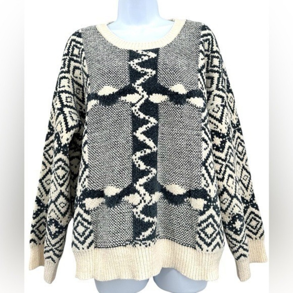 Lisa Robertson Chenille Knit Sweater Oversized Navy Blue & Ivory Women's Large